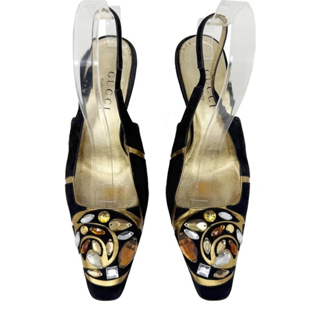 Gucci Black Slingback Kitten Heels Gold Jewel Suede 7B Y2K Tom‎ Ford